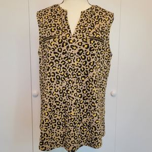 Nanette Lepore Yellow Leopard Print Sleeveless Blouse Gold Zippers Size Medium